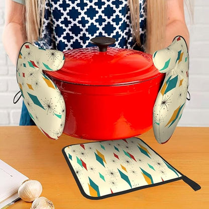 Mid Century Modern Oven Mitts and Pot Holders Set Heat Resistant Non Slip Set of 3 Retro Decor Kitchen Gloves Hot Pads for Cooking BBQ Baking Grilling - Image 7