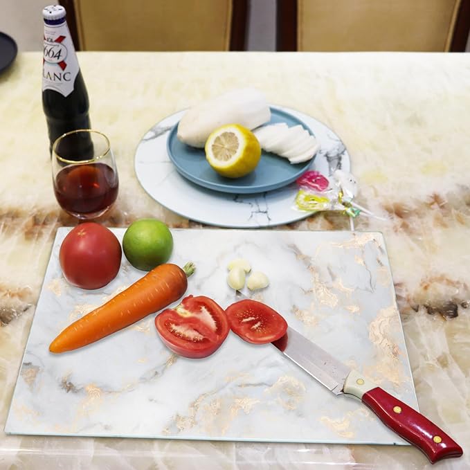JAMBALAY Tempered Glass Cutting Board for Kitchen, 16"x12" Gold Glass Cutting Board with Design, Marble Chopping Board with Non Slip Feet, Heat & Scratch Resistant, Dishwasher Safe