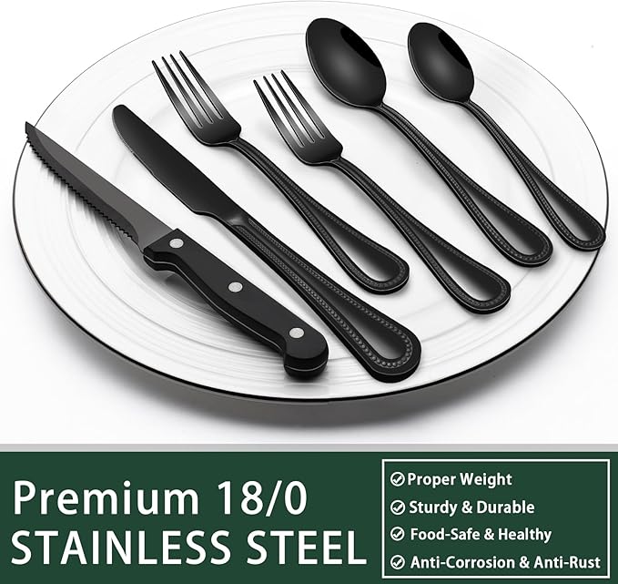 EWFEN 24-Piece Black Silverware Set with Steak Knives, Black Flatware Set for 4, Food-Grade Stainless Steel Tableware Cutlery Set, Mirror Finished Utensil Sets for Home Restaurant, Pearled Edge - Image 5