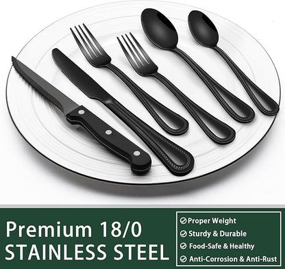EWFEN 24-Piece Black Silverware Set with Steak Knives, Black Flatware Set for 4, Food-Grade Stainless Steel Tableware Cutlery Set, Mirror Finished Utensil Sets for Home Restaurant, Pearled Edge - Image 5