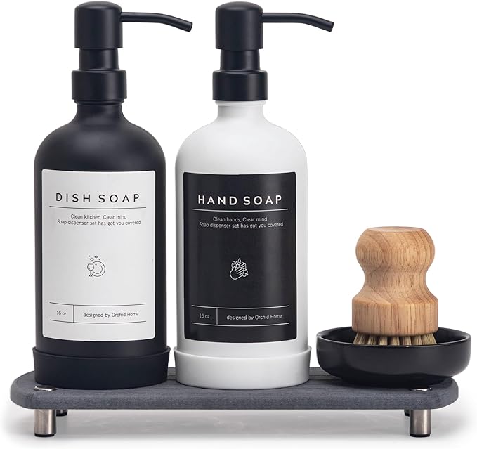 [Luxury] Kitchen Soap Dispenser Set - 16OZ Glass Bottle, Stainless Steel Pump, Instant Dry Tray, Waterproof Labels, Non-Slip Silicone Pad, and Dish Brush | Upgrade for Your Kitchen and Bathroom by ORCHID+HOME