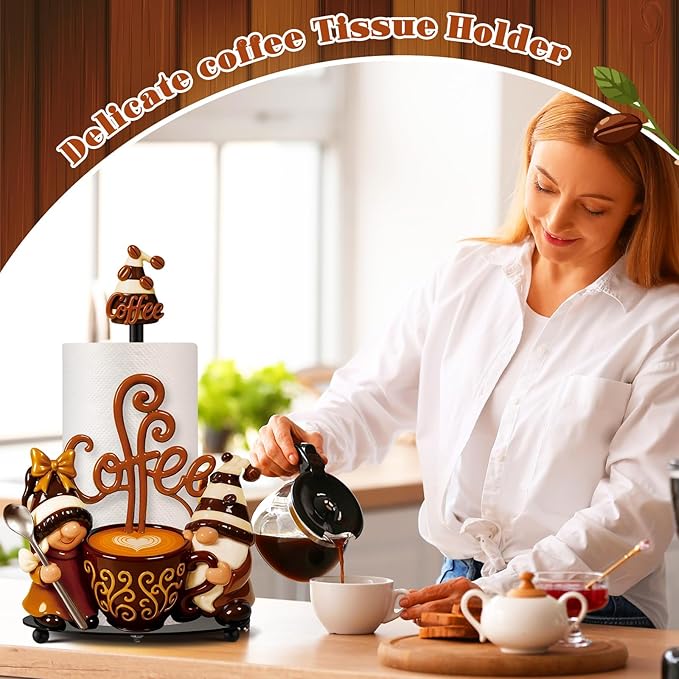 Thyle Coffee Gnomes Bar Decor Paper Towel Holder with Round Base Countertop Cute Rustic Gnome Kitchen Bathroom Decorative Paper Towel Holder Stand for Coffee Lovers Gifts Toilet Home Accessories