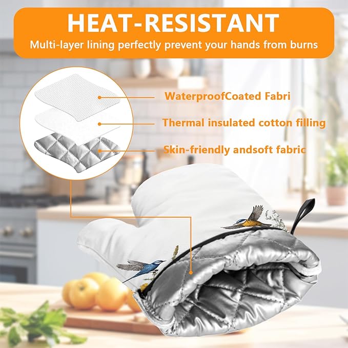 Wildflowers Birds Oven Mitts and Pot Holders Sets 4Pcs,Extra Long Oven Gloves Potholder for Kitchen Cooking Baking BBQ 100% Cotton Heat Resistant - Image 3