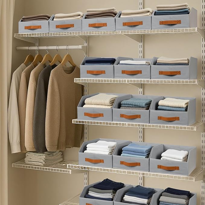 Homsorout Fabric Storage Bins for Organizing - 12 Pack Large Trapezoid Collapsible Storage Bins with Front Handle, Closet Organizers and Storage for Bedroom, Home Shelves, Small Spaces, Grey - Image 6