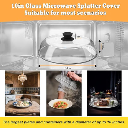 10in Glass Microwave Splatter Cover for Food, 10in Glass Microwave Cover for Food, Microwave Plate Lid with Vent Holes & Easy-Grip Handle, Dishwasher Safe, No Plastic, Food Grade,