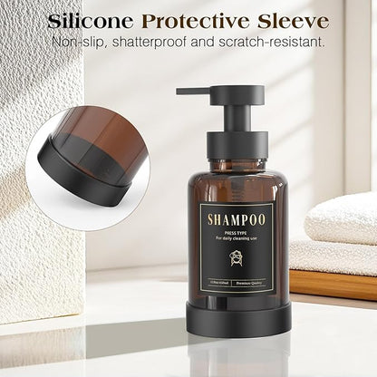 Luxspire Foaming Soap Dispenser, Glass Foam Pump Soap Dispenser, Non-Slip Hand Soap Bottle with 5 Waterproof Labels, 15 Oz Refillable Liquid Soap Bottle for Bathroom & Kitchen, Amber, 1 Pack