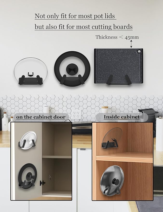 Pot Lid Organizer, 2 Pack Lid Holders Inside Cabinet, Wall Mount Rack Fit for Cutting Board, Fixed by Adhesive or Screw (Black) - Image 4