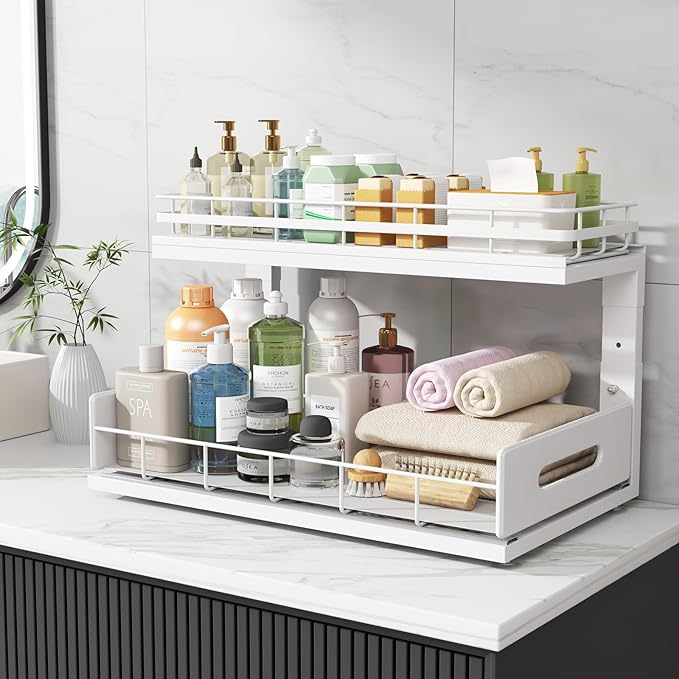 Under Sink Organizer Upgrade To Professional Rails,2-Tier Dual Pull Out Cabinet Storage,Height Adjustable Slide Out Drawers For Bathroom Kitchen,2 Pack-18.5"Dx12.8"-16.9"H,White - Image 8