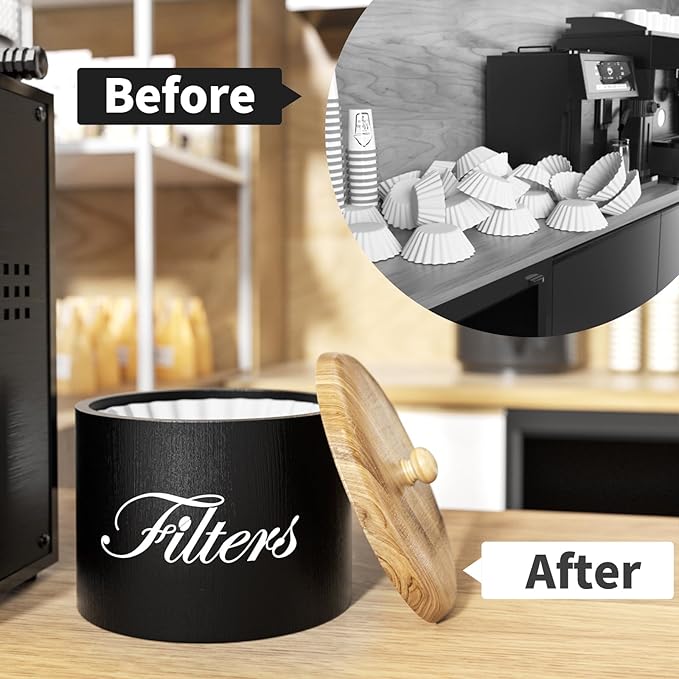 Wooden Coffee Filter Holder with Lid, Basket Storage Container for Counter, Black Small Bar Accessories for Coffee Bar Station(Black Wooden) - Image 3