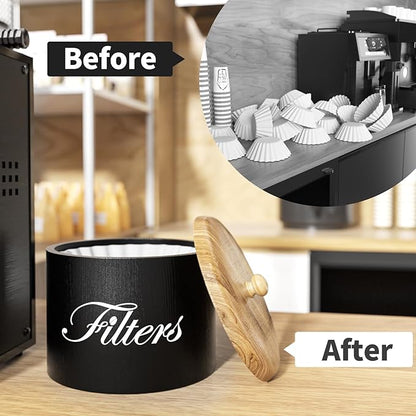 Wooden Coffee Filter Holder with Lid, Basket Storage Container for Counter, Black Small Bar Accessories for Coffee Bar Station(Black Wooden) - Image 3
