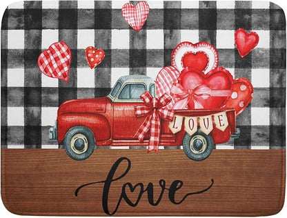 Valentine's Day Red Heart Truck Dish Drying Mat for Kitchen Counter,Black White Buffalo Plaid Love Drying Mat 18 x 24 Inch with Absorbent Reversible Microfiber Dish Drying Pad for Coffee Bar by Anyako