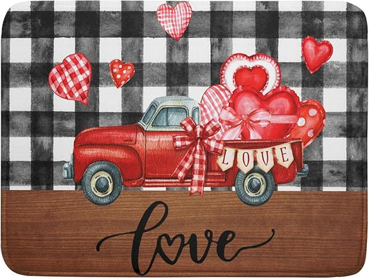 Valentine's Day Red Heart Truck Dish Drying Mat for Kitchen Counter,Black White Buffalo Plaid Love Drying Mat 18 x 24 Inch with Absorbent Reversible Microfiber Dish Drying Pad for Coffee Bar by Anyako