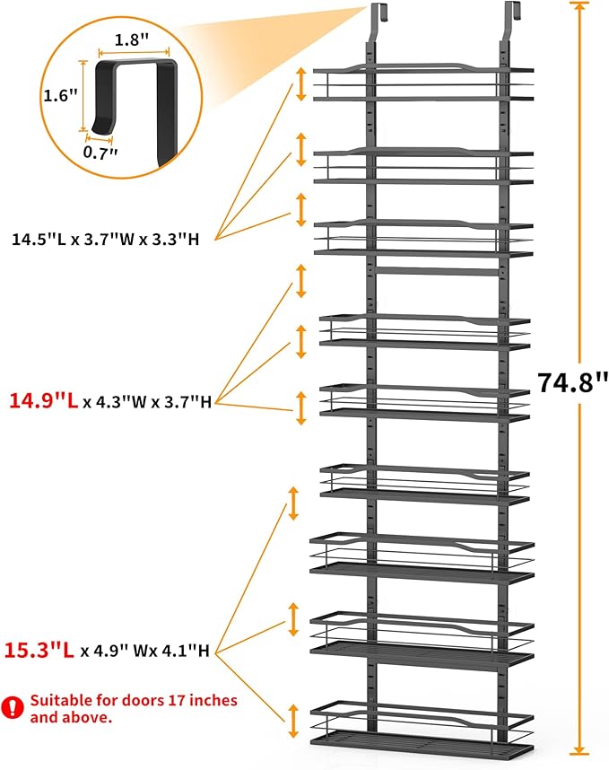 Moforoco 9-Tier Over The Door Pantry Organizer, Pantry Organization and Storage, Black Hanging Basket Wall Spice Rack Seasoning Shelves, Home & Kitchen Bedroom Bathroom House Essentials - Image 2