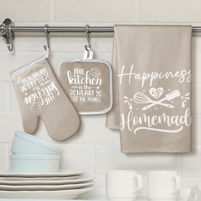 Sratte 6 Pcs Kitchen Decor Accessories Set Farmhouse Towels Pot Holders Oven Mitts Set 2 Dish Towels 2 Potholders 2 Cooking Mittens Oven Glove for Christmas Baking Cooking Supply(Beige,Kitchen) - Image 2