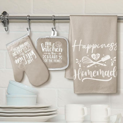 Sratte 6 Pcs Kitchen Decor Accessories Set Farmhouse Towels Pot Holders Oven Mitts Set 2 Dish Towels 2 Potholders 2 Cooking Mittens Oven Glove for Christmas Baking Cooking Supply(Beige,Kitchen) - Image 2