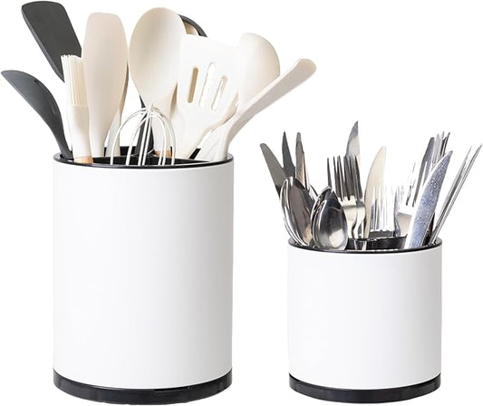 LIBODOUR Kitchen Utensil Holder Extra Large Rotating For Counter Organizer Stainless Steel Storage Cooking Silverware Caddy 3 Compartment Flatware Spoon Spatula Tool Cutlery Container(2 Set White) by ModernandFarmhouseUtensilHolder