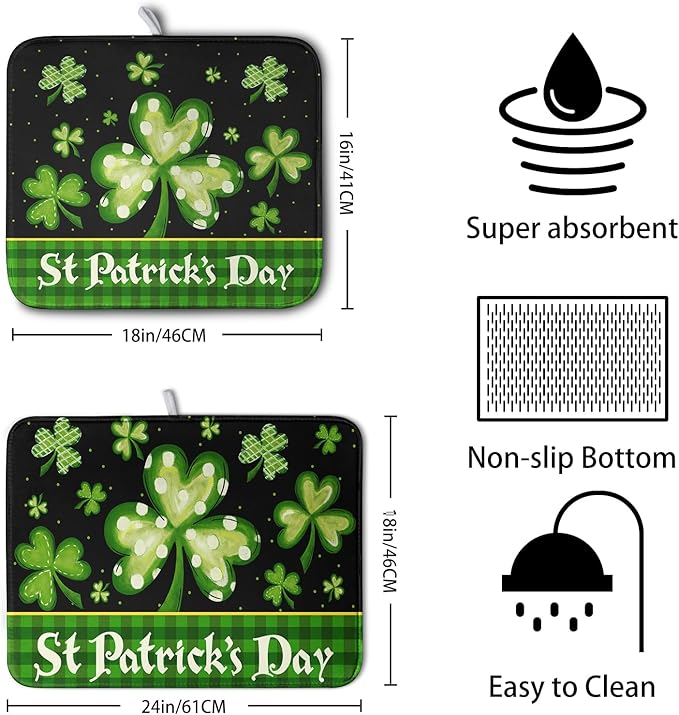 St Patrick's Day Dish Drying Mats for Kitchen Counter 16x18 Inch Lucky Clovers Shamrock Green Buffalo Plaid Drying Mat Microfiber Absorbent Dish Drying Pad Dish Drainer Rack Mats for Kitchen Sink - Image 2