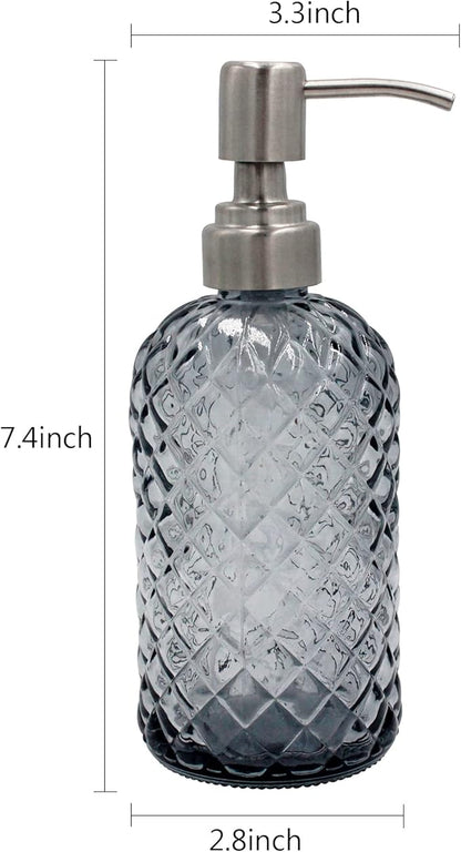 16 oz Diamond Pattern Glass Soap Dispenser, Kitchen and Bathroom Refillable Soap Dispenser with Rust Resistant Stainless Steel Pump for Hand Soap, Lotion Glass Liquid Dispenser (Grey) - Image 3