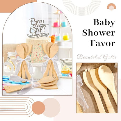 Reallnaive 72 Pcs Bamboo Spatula Wooden Kitchen Utensil Bulk 12''wood Spoon Spatula for Cooking with Ribbon Bridal Baby Shower Game Prize Wedding Party Favors Housewarming Gift (Various Style)