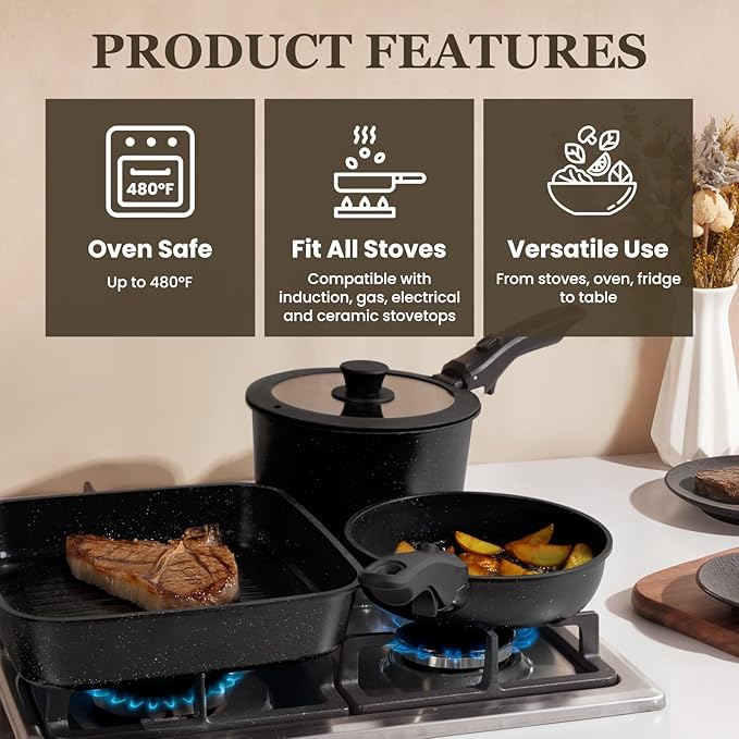 KIKCOIN 22 Pcs Pots and Pans Set Non Stick, Detachable Handle Cookware Sets Nonstick, RV Kitchen Cooking Set with Removable Handles, Frying Pans - Induction/Dishwasher/Oven Safe (Black) - Image 4