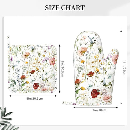 Wildflower Flower Oven Mitts and Pot Holders Set of 4 Silicone Boho Butterfly Hydrangea Kitchen Mitten Gloves and Watercolor Florals Potholders Set Oven Gloves Hot Holders for Kitchen