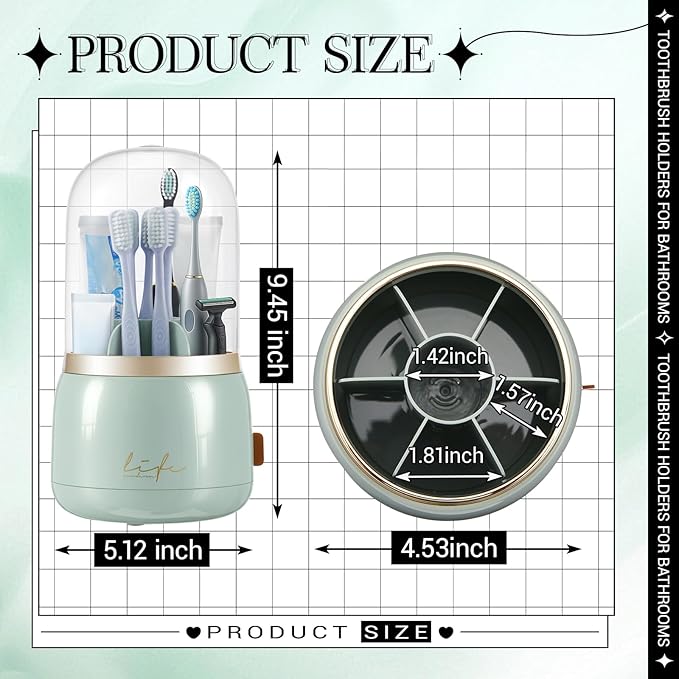 Sawysine Toothbrush Holders with Cover Dustproof Toothbrush Organizer with Sliding Lid Rotating 7 Slots Makeup Brushes Toothpaste Stand Storage for Bathroom Accessories Counter Vanity