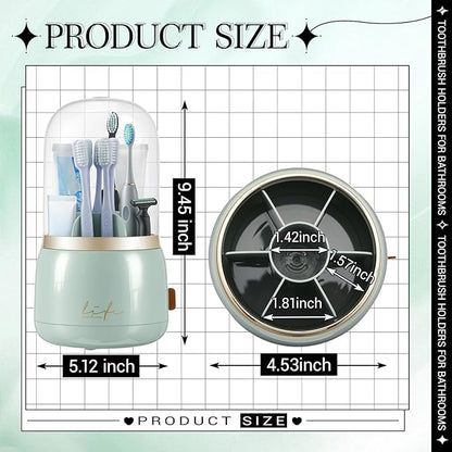 Sawysine Toothbrush Holders with Cover Dustproof Toothbrush Organizer with Sliding Lid Rotating 7 Slots Makeup Brushes Toothpaste Stand Storage for Bathroom Accessories Counter Vanity