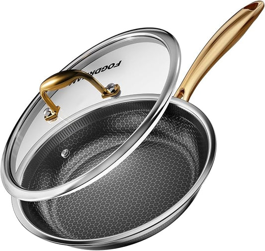 FogDream 10 Inch Stainless Steel Frying Pan with Lid, Honeycomb Hybrid Nonstick Skillet for Induction & All Cooktops, PFAS/PFOA/PTFE Free, Oven Safe to 500°F, Stay-Cool Handle, Dishwasher Safe, Gold by FogDream