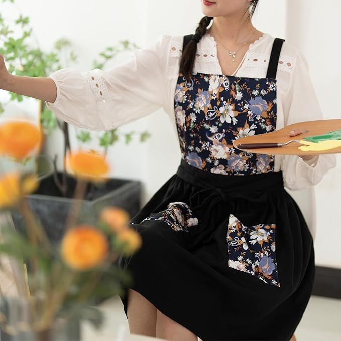 Pinknoke Vintage Pinafore Apron Dress for Women with Pockets Cute Floral Chef Aprons for Kitchen Cooking Baking Gardening - Image 3