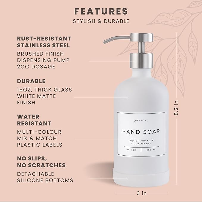 Hand and Dish Soap Dispenser for Kitchen and Bathroom, Set of 2 16 Oz Glass Bottles, Stainless Steel Pumps, Non-Slip Silicone Base, 27 Waterproof Labels (Matte White Bottle/Brushed Silver Pump) - Image 6
