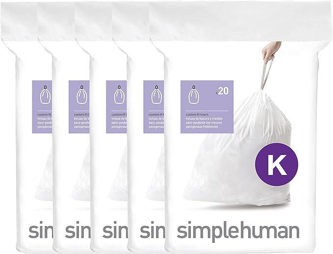 simplehuman Code K 100 Count Custom Fit Liners, Drawstring Kitchen Trash Bags, One-by-One Mess-Free Dispense, Extra Thick & Double Seamed, 50% PCR Plastic, 30-45 Liter / 8-12 Gallon, White