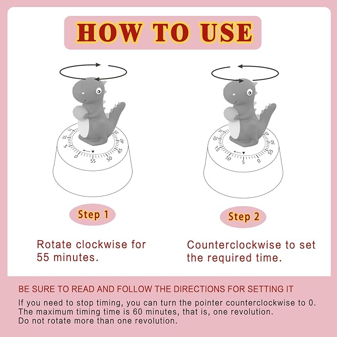 ELE DEPI 60 Minutes Mechanical Kitchen Timer,Cute Dinosaur Timer for Kids,Wind Up Egg Timer for Cooking,Reading,Classroom and Do Sports. (Pink)