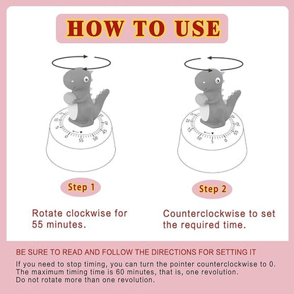 ELE DEPI 60 Minutes Mechanical Kitchen Timer,Cute Dinosaur Timer for Kids,Wind Up Egg Timer for Cooking,Reading,Classroom and Do Sports. (Pink)