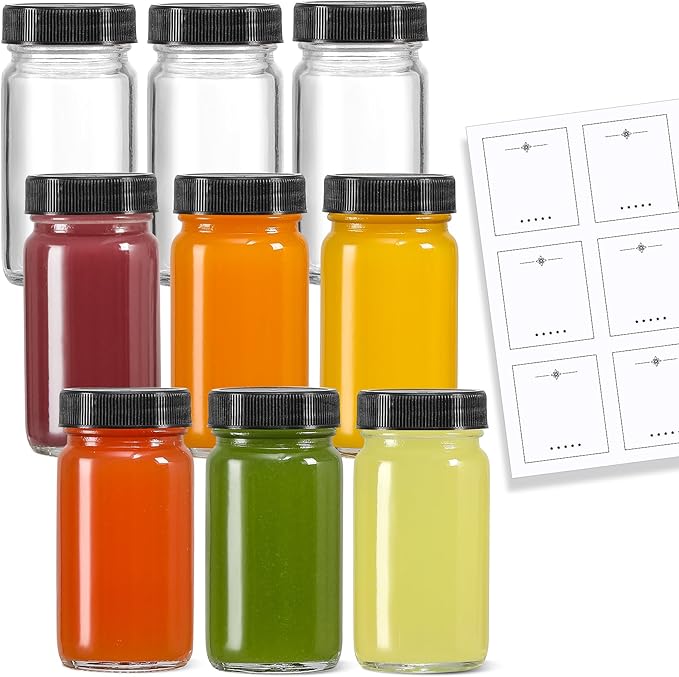 9 Pack, 2 oz Glass Shot Bottles w/ Black Lids & 9 Labels - Small Clear Jar for Ginger, Wellness Shot, Juice, Sample, Whiskey - Travel Essentials Mini Bottles - Wide Mouth, Leakproof, Dishwasher Safe - Image 8
