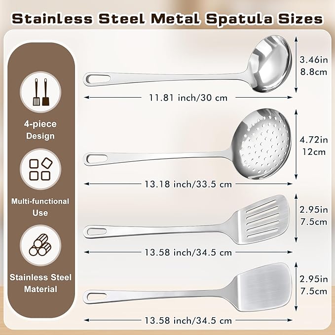 4 Pcs Cooking Utensils Set, Stainless Steel Kitchen Utensils, Heat Resistant Metal Kitchen Tools Include Solid & Slotted Turner Wok Spatula, Serving Spoon, Ergonomic Handle, Easy to Clean, Silver - Image 7