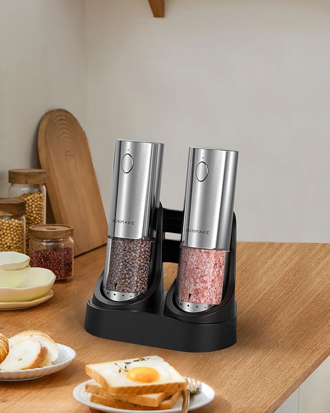 Electric Salt and Pepper Grinder Set - Automatic Refillable Salt and Pepper Grinders with Charging Base & LED Light, 6-Level Adjustable Coarseness with External Dial, Ideal Kitchen Gadget，Silver - Image 8