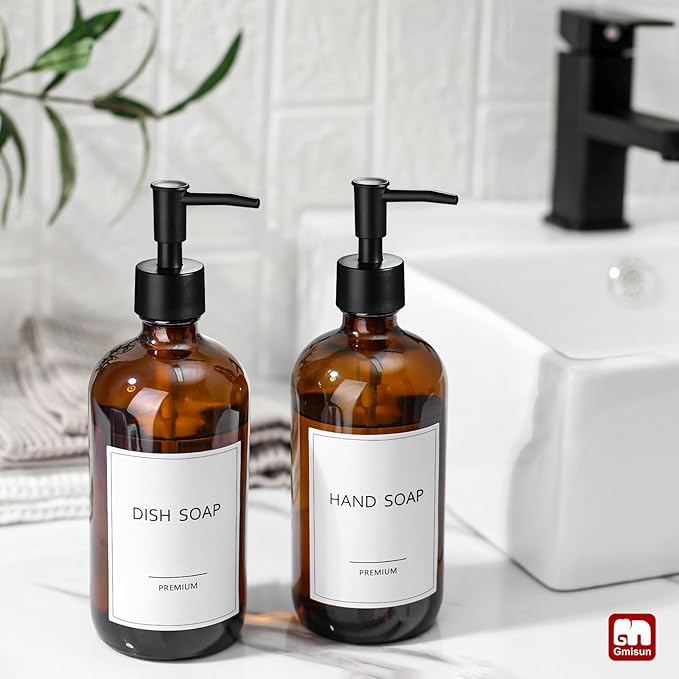 GMISUN Amber Glass Soap Dispenser, 2 Pack Bathroom Hand Soap Dispensers with Stainless Steel Pump, 17 Fl Oz Kitchen Hand and Dish Soap Dispenser Set, Modern Vintage Liquid Brown Soap Dispensers Bottle - Image 4