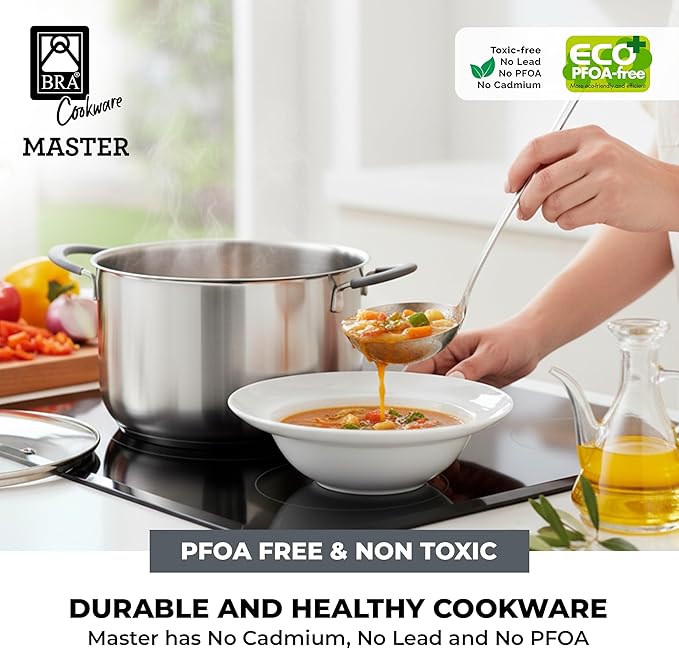 BRA COOKWARE Master Stainless Steel Stock Pot w/Glass Lid | 9.5 Inch 4 Quart Premium 18/10 Cooking Pot | PFAS Free Deep Pot | Silicone Coated Handles | All Cooktops (incl. Induction) | Shiny Finish