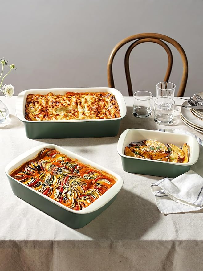LE TAUCI Deep Casserole Dishes for Oven, 13.7”x9.6” Ceramic Baking Dish Set with Roasting Racks, Large Lasagna Pans with Handles, Rectangular Bakeware as Gift for Mom, Forest Green (4.6QT/3.0QT/1.6QT), Set of 3 - Image 4