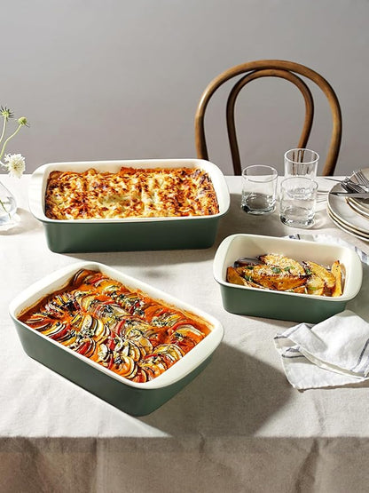 LE TAUCI Deep Casserole Dishes for Oven, 13.7”x9.6” Ceramic Baking Dish Set with Roasting Racks, Large Lasagna Pans with Handles, Rectangular Bakeware as Gift for Mom, Forest Green (4.6QT/3.0QT/1.6QT), Set of 3 - Image 4