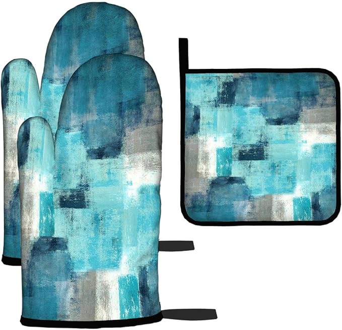 LOKMU Oven Mitts and Pot Holders Set of 3, Teal and Grey White Abstract Art Heat Resistant Kitchen Gloves Hot Pads for Cooking Baking BBQ, Kitchen Decor Gifts for Cooking Lover Cooks