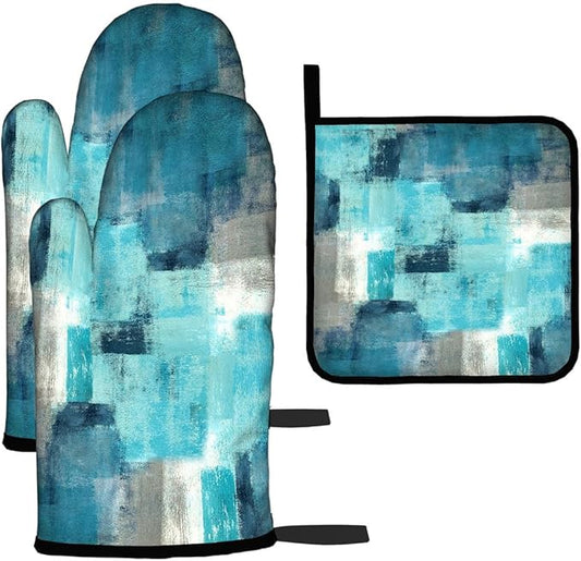LOKMU Oven Mitts and Pot Holders Set of 3, Teal and Grey White Abstract Art Heat Resistant Kitchen Gloves Hot Pads for Cooking Baking BBQ, Kitchen Decor Gifts for Cooking Lover Cooks
