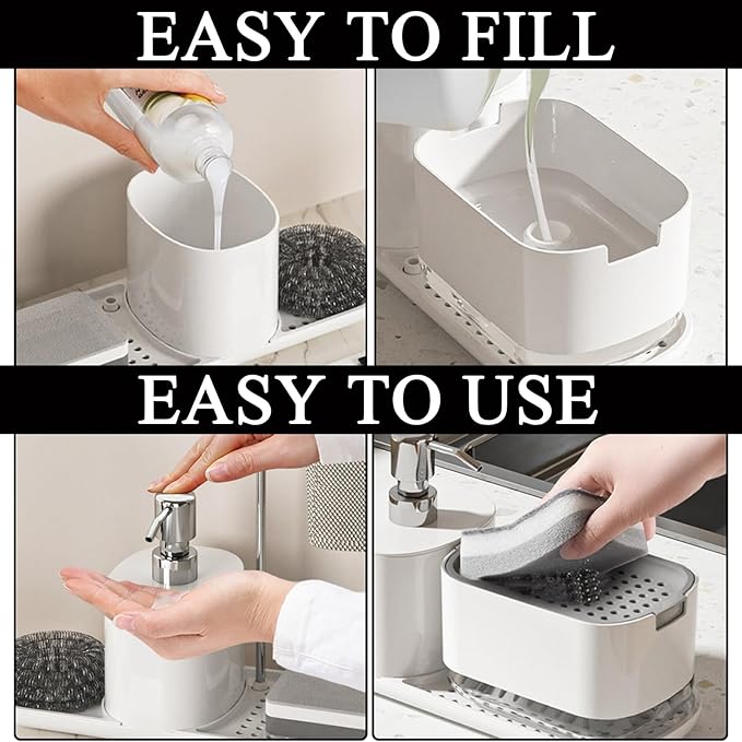 Kitchen Soap Dispenser Set with Tray, 4-in-1 Dual Hand and Dish Soap Dispenser with Sponge Holder for Kitchen Sink, Practical Kitchen Gadgets (Black)