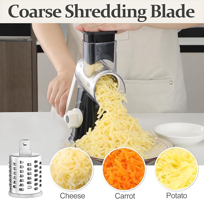 Cambom 5 in 1 Rotary Cheese Grater Hand Crank Cheese Shredder for Fresh Cheese, Vegetable, Nuts,Non-slip Suction Base, Black - Image 4