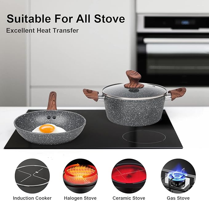 M MELENTA Granite Pots and Pans Set Non Stick, 11 Piece Die-Cast Induction Cookware Set, Nonstick Kitchen Cooking Set w/Frying Pans & Saucepans, PFOA Free - Image 5