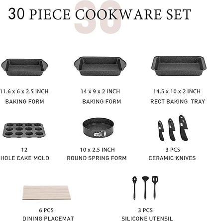 MAISON ARTS 30 Piece Pots and Pans Set Non Stick, Kitchen Cookware & Bakeware Sets with Nonstick Granite Coating, Baking Tray, Frying Pan and Saucepan, Black - Image 6