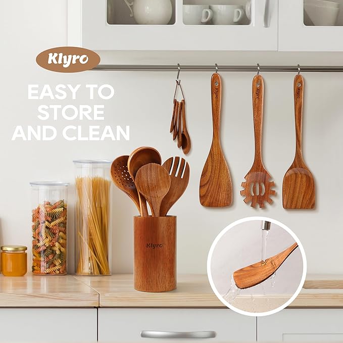 KLYRO Wooden Spoons for Cooking, Nonstick Kitchen Utensils Set with 4 Piece Measuring Spoons, Comfort Grip Wooden Spatula Set, 9 Piece Teak Wooden Cooking Utensils with Holder and Spoon Rest - Image 5