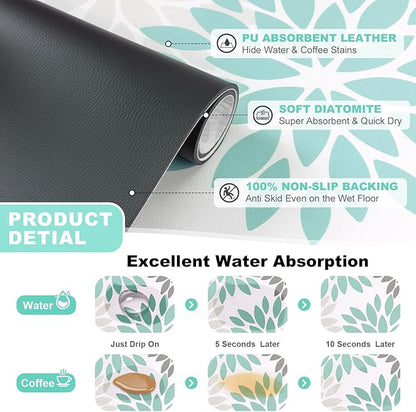 Findosom Floral Dish Drying Mat, 16" x 24" Super Absorbent & Hide Stain Coffee Mat, Cuttable Drying Mat for Kitchen Counter, Under Dish Rack, Coffee Maker, Espresso Machine, Teal