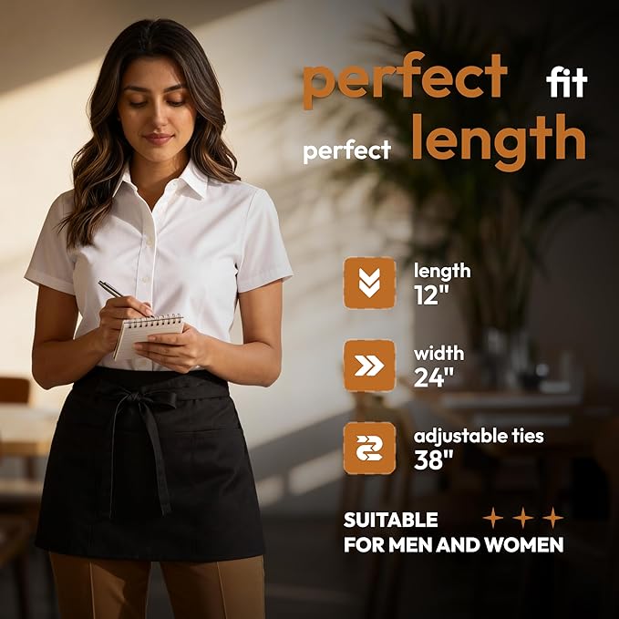 White Classic 3 Pack - Black Server Waist Aprons with 3 Pockets, Waitress Half Apron - Image 3