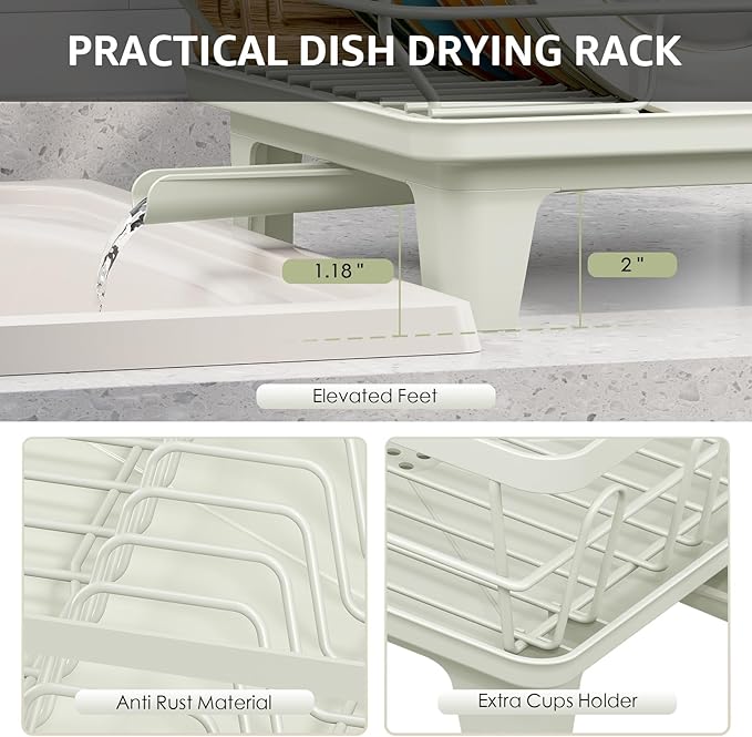 Urackify Dish Drying Rack for Kitchen Counter, Sink Dish Rack with Drainboard, Large Dish Drainer with Cups Holder, Home Countertop Plate Dryer Storage Rack with Cutlery Holder, Soft Celery Green - Image 9